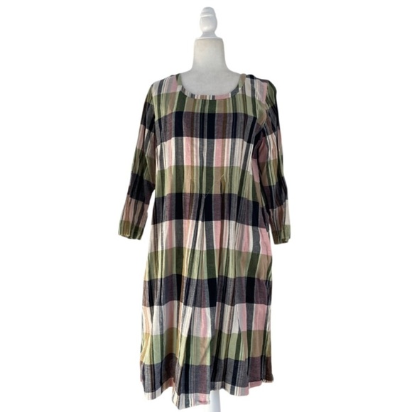 Gudrun Sjoden Women's Dress Cotton Linen Plaid Multicolor Midi Dress Lagenlook - Picture 9 of 9